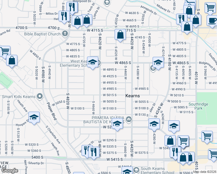 map of restaurants, bars, coffee shops, grocery stores, and more near 4566 West 4985 South in Kearns