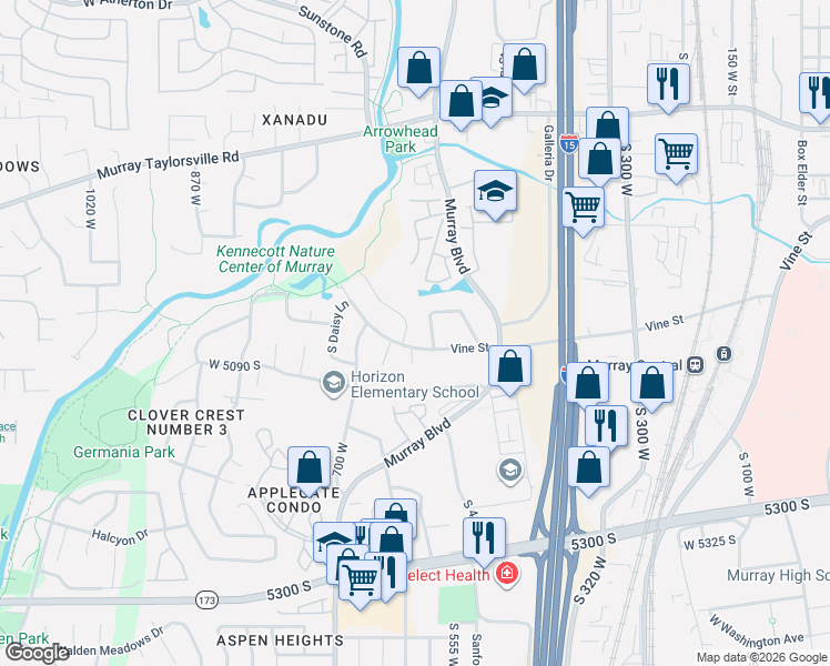 map of restaurants, bars, coffee shops, grocery stores, and more near 576 West 5115 South in Murray