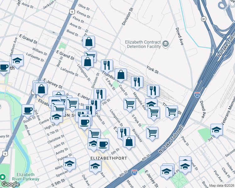 map of restaurants, bars, coffee shops, grocery stores, and more near 652 South Park Street in Elizabeth