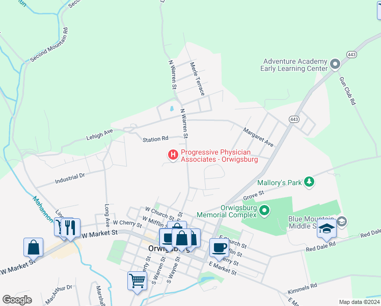 map of restaurants, bars, coffee shops, grocery stores, and more near 626 North Warren Street in Orwigsburg