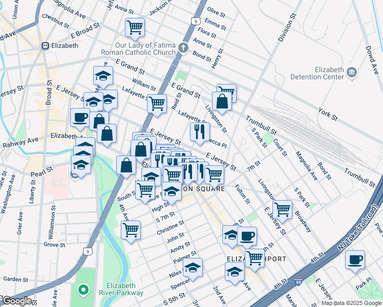 map of restaurants, bars, coffee shops, grocery stores, and more near 34 Smith Street in Elizabeth
