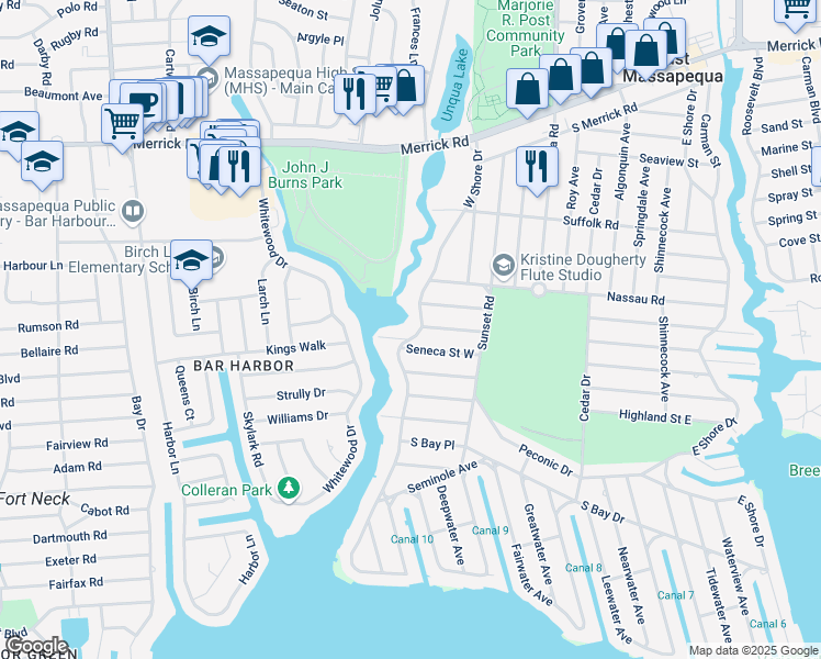 map of restaurants, bars, coffee shops, grocery stores, and more near 111 West Shore Drive in Massapequa