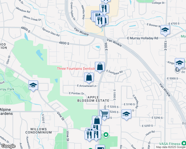 map of restaurants, bars, coffee shops, grocery stores, and more near 862 East Three Fountains Drive in Murray