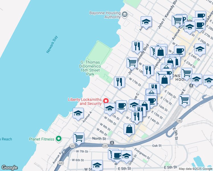 map of restaurants, bars, coffee shops, grocery stores, and more near 351 Avenue A in Bayonne