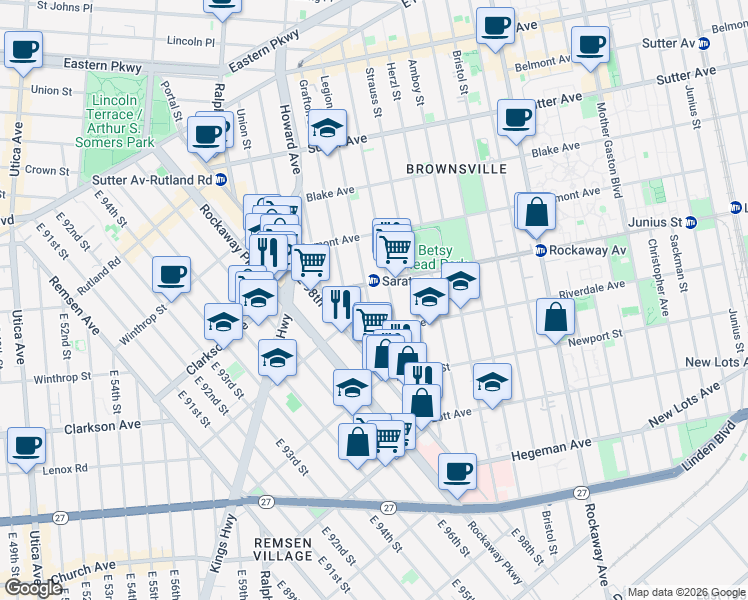 map of restaurants, bars, coffee shops, grocery stores, and more near 822 Saratoga Avenue in Brooklyn