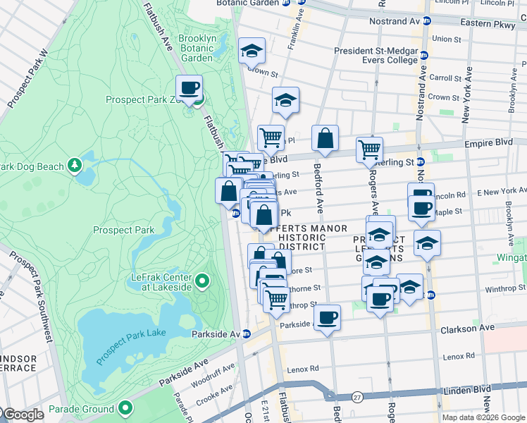 map of restaurants, bars, coffee shops, grocery stores, and more near 62 Lincoln Road in Brooklyn