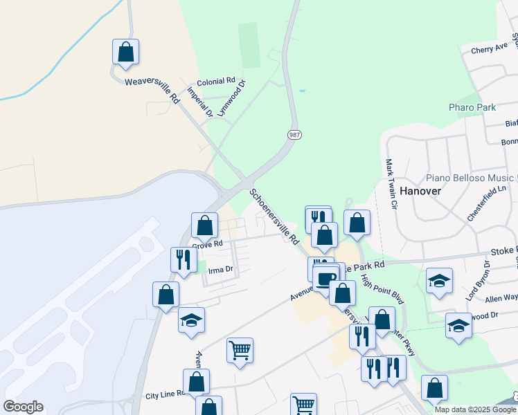map of restaurants, bars, coffee shops, grocery stores, and more near 2355 Grove Road in Allentown