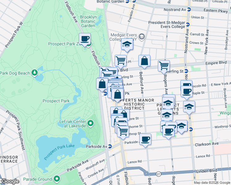 map of restaurants, bars, coffee shops, grocery stores, and more near Washington Ave & Lincoln Rd in Brooklyn
