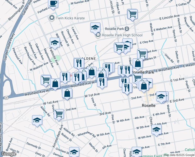 map of restaurants, bars, coffee shops, grocery stores, and more near 190 Westfield Avenue West in Roselle Park
