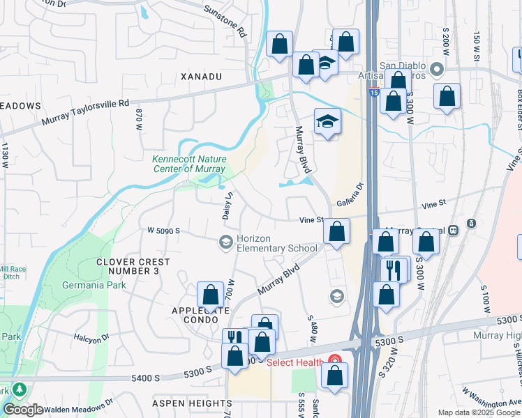 map of restaurants, bars, coffee shops, grocery stores, and more near 636 West Vine Street in Murray