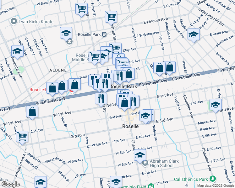 map of restaurants, bars, coffee shops, grocery stores, and more near 128 West 1st Avenue in Roselle