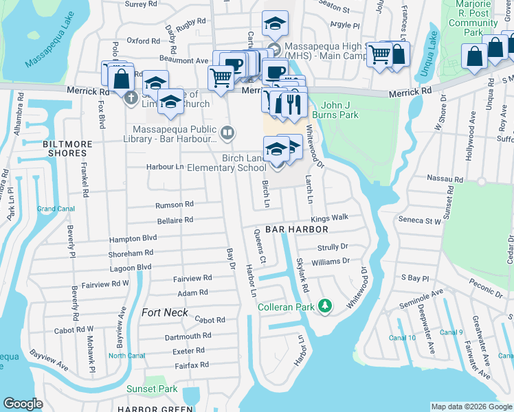 map of restaurants, bars, coffee shops, grocery stores, and more near 91 Laurel Drive in Massapequa Park