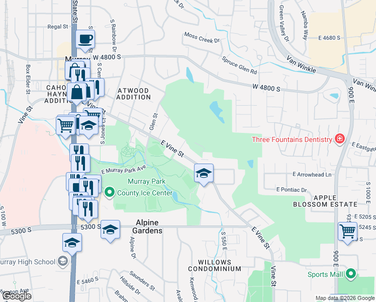 map of restaurants, bars, coffee shops, grocery stores, and more near 437 East Vine Street in Murray