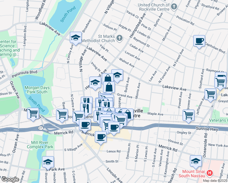 map of restaurants, bars, coffee shops, grocery stores, and more near 45 Grand Avenue in Rockville Centre