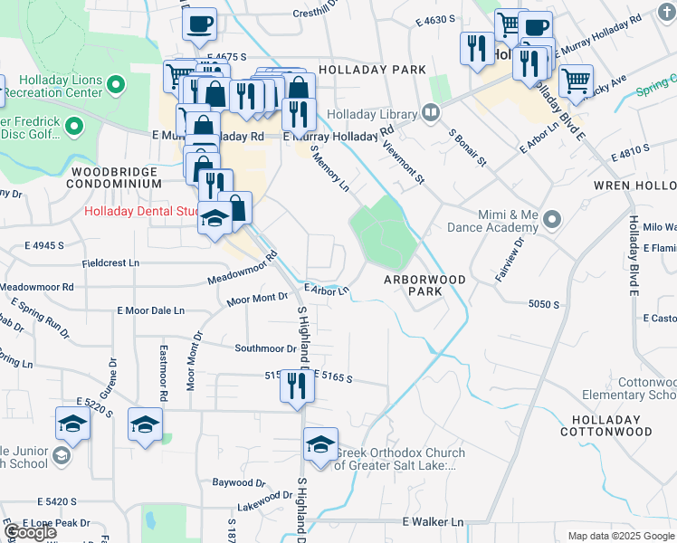 map of restaurants, bars, coffee shops, grocery stores, and more near 2029 East Arbor Lane in Holladay