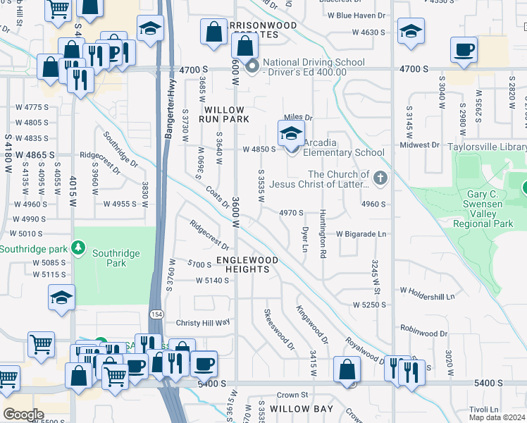 map of restaurants, bars, coffee shops, grocery stores, and more near 3526 Valley Heights Drive in Salt Lake City