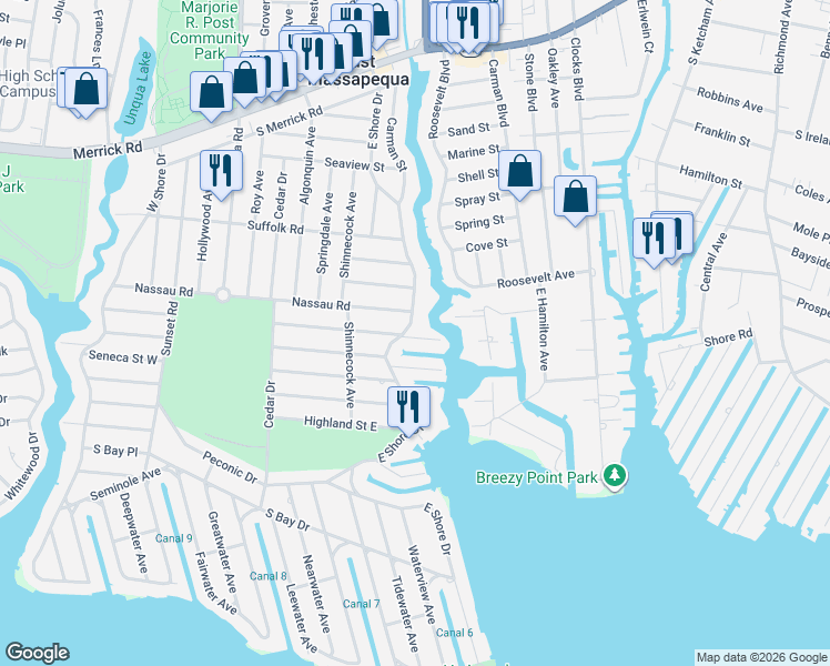 map of restaurants, bars, coffee shops, grocery stores, and more near 16 Iroquois Place in Massapequa