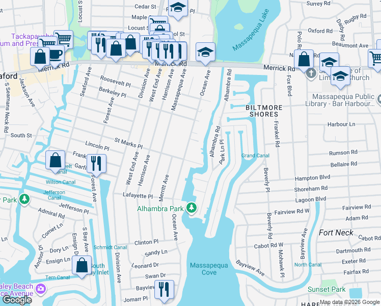 map of restaurants, bars, coffee shops, grocery stores, and more near 211 Saint Marks Place in Massapequa