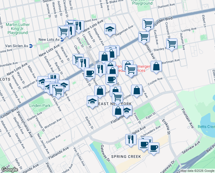 map of restaurants, bars, coffee shops, grocery stores, and more near 458 Wortman Avenue in Brooklyn