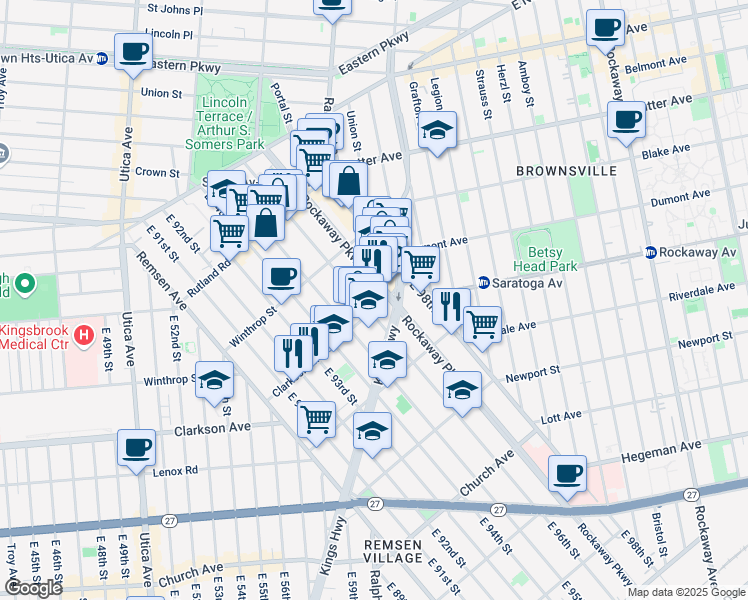 map of restaurants, bars, coffee shops, grocery stores, and more near 9517 Kings Highway in Brooklyn