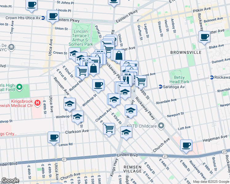 map of restaurants, bars, coffee shops, grocery stores, and more near 229 East 94th Street in Brooklyn