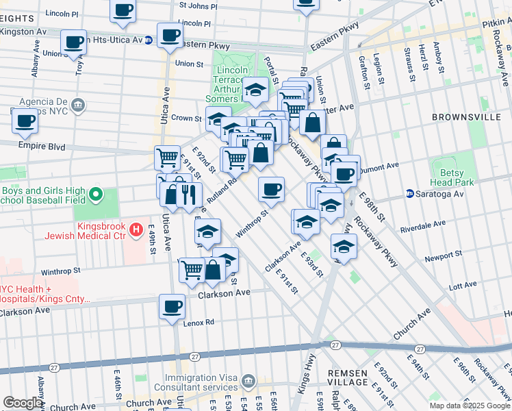 map of restaurants, bars, coffee shops, grocery stores, and more near 185 East 92nd Street in Brooklyn