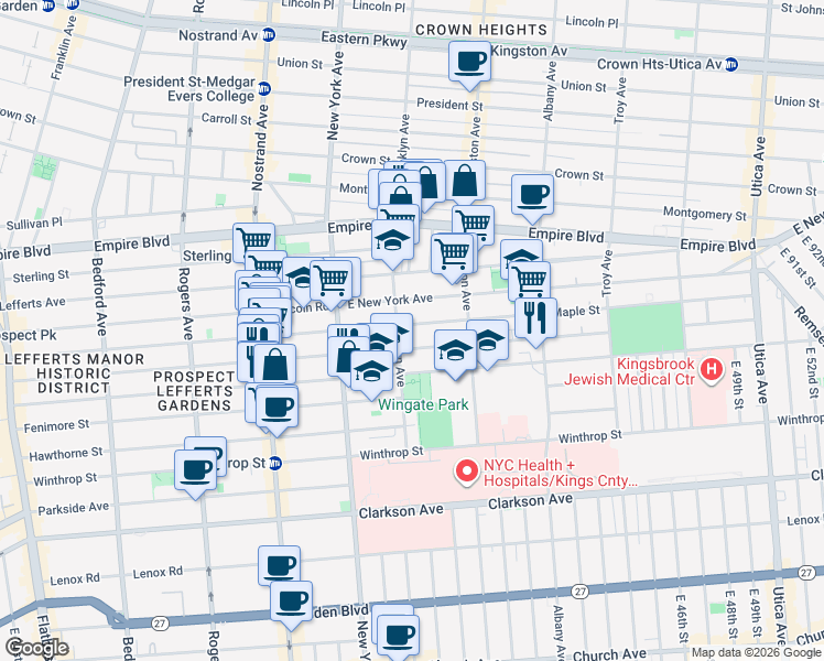 map of restaurants, bars, coffee shops, grocery stores, and more near 568 Brooklyn Avenue in Brooklyn