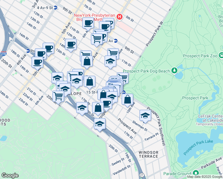 map of restaurants, bars, coffee shops, grocery stores, and more near 107 Windsor Place in Brooklyn