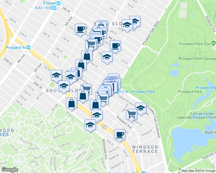 map of restaurants, bars, coffee shops, grocery stores, and more near 107 Windsor Place in Brooklyn