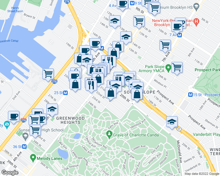map of restaurants, bars, coffee shops, grocery stores, and more near 283 21st Street in Brooklyn
