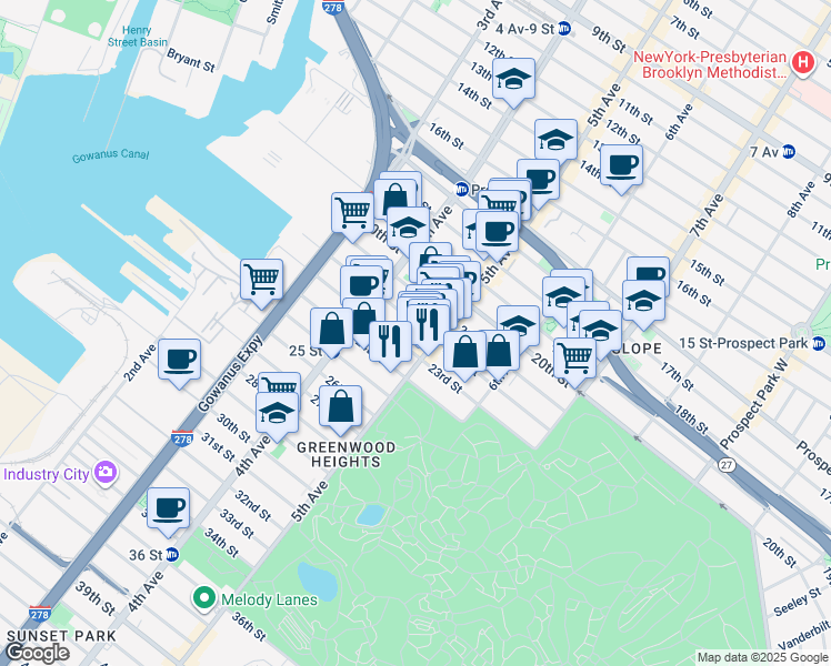 map of restaurants, bars, coffee shops, grocery stores, and more near 229 23rd Street in Brooklyn
