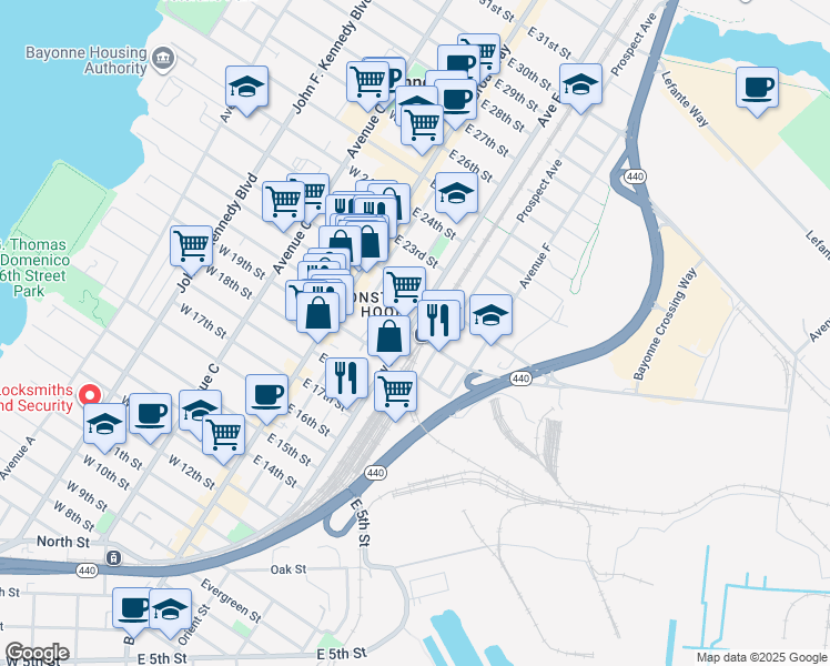 map of restaurants, bars, coffee shops, grocery stores, and more near 30 Prospect Avenue in Bayonne