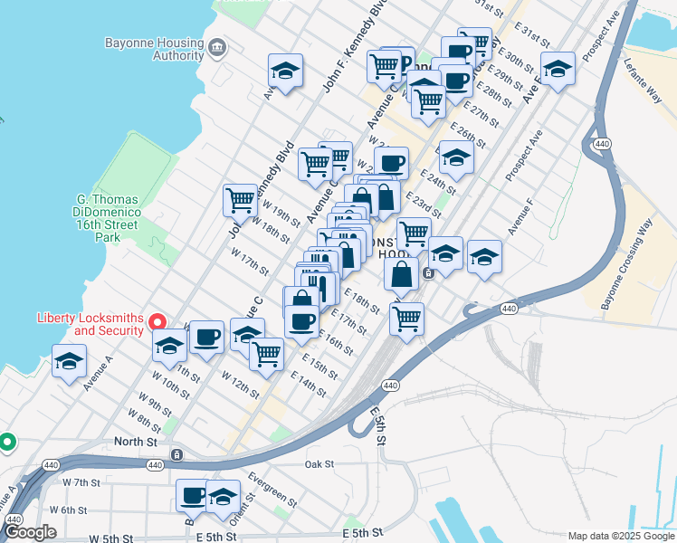 map of restaurants, bars, coffee shops, grocery stores, and more near 394 Broadway in Bayonne