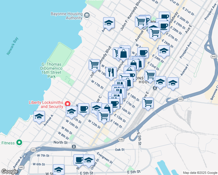 map of restaurants, bars, coffee shops, grocery stores, and more near 392 Avenue C in Bayonne
