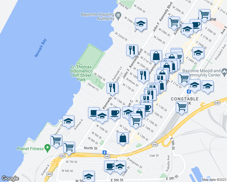 map of restaurants, bars, coffee shops, grocery stores, and more near 97 West 15th Street in Bayonne