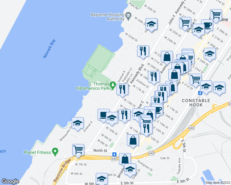 map of restaurants, bars, coffee shops, grocery stores, and more near 118 West 15th Street in Bayonne