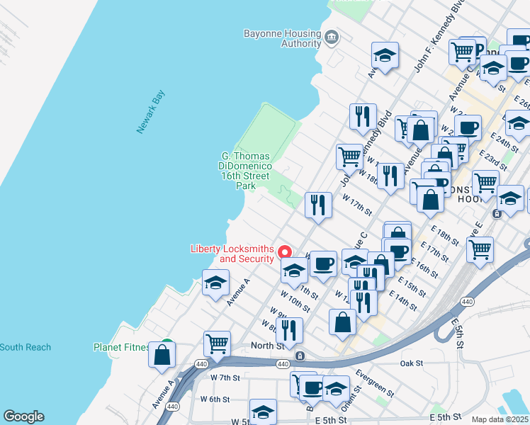 map of restaurants, bars, coffee shops, grocery stores, and more near 31 Edwards Court in Bayonne