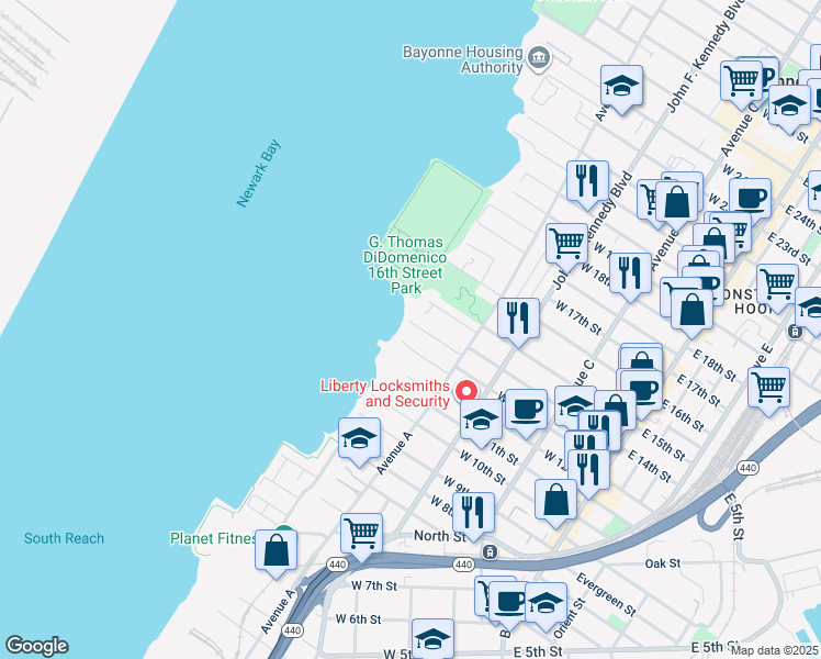 map of restaurants, bars, coffee shops, grocery stores, and more near 31 Edwards Court in Bayonne