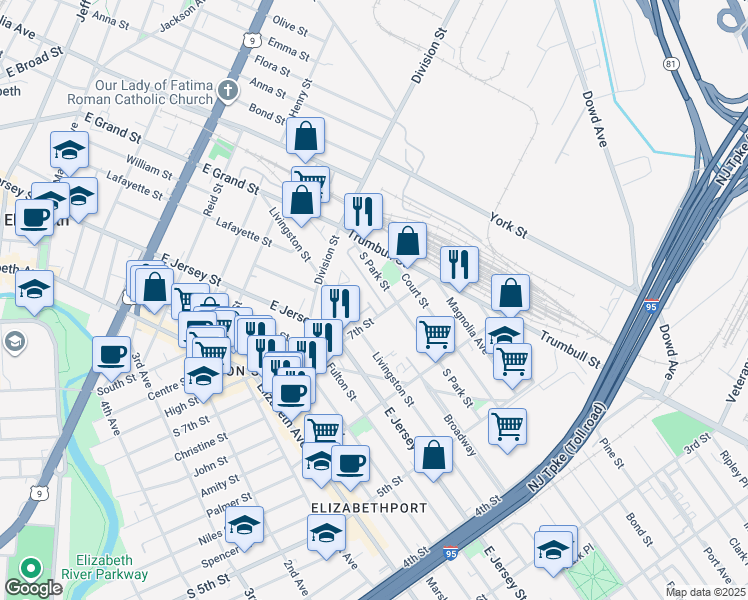 map of restaurants, bars, coffee shops, grocery stores, and more near 122 7th Street in Elizabeth