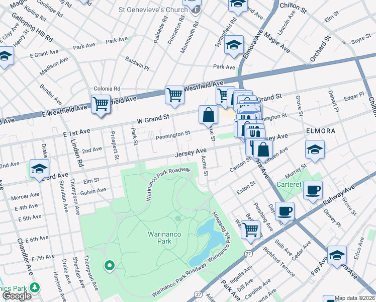 map of restaurants, bars, coffee shops, grocery stores, and more near 838 Jersey Avenue in Elizabeth
