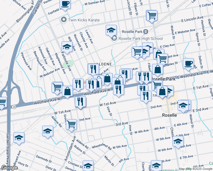 map of restaurants, bars, coffee shops, grocery stores, and more near 231 Westfield Avenue West in Roselle Park