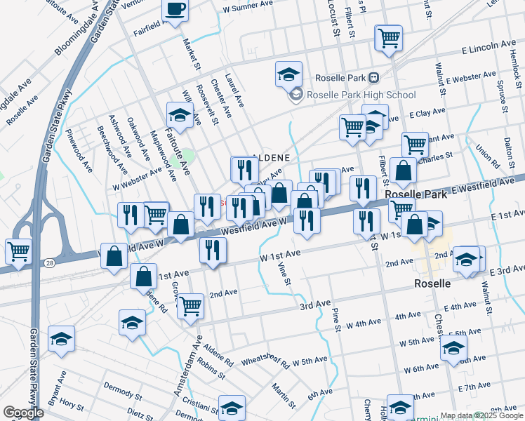 map of restaurants, bars, coffee shops, grocery stores, and more near 305 Westfield Avenue West in Roselle Park