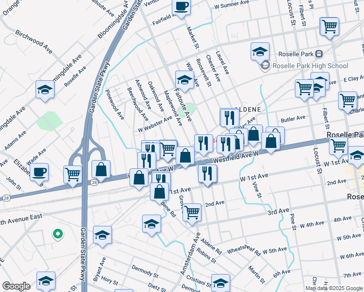 map of restaurants, bars, coffee shops, grocery stores, and more near 436 Seaton Avenue in Roselle Park