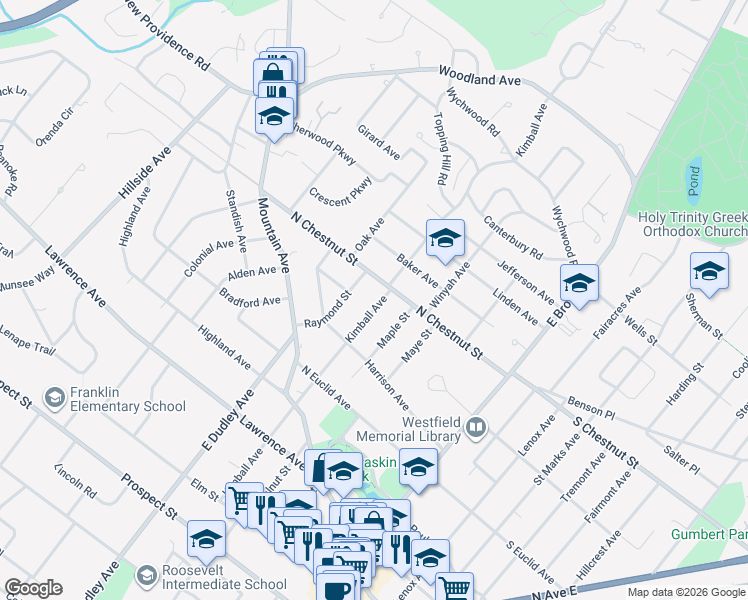map of restaurants, bars, coffee shops, grocery stores, and more near 641 Maple Street in Westfield