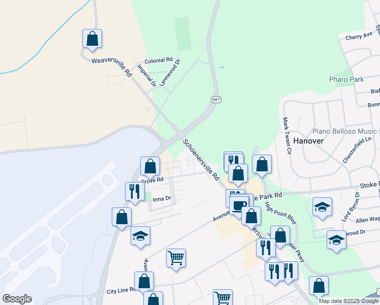 map of restaurants, bars, coffee shops, grocery stores, and more near 2355 Grove Road in Allentown