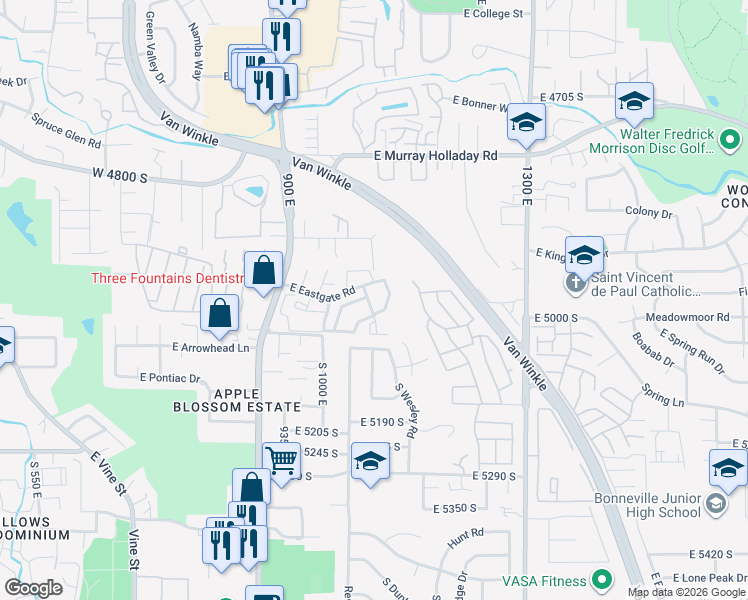 map of restaurants, bars, coffee shops, grocery stores, and more near 4987 South Beaverbrook Lane in Salt Lake City