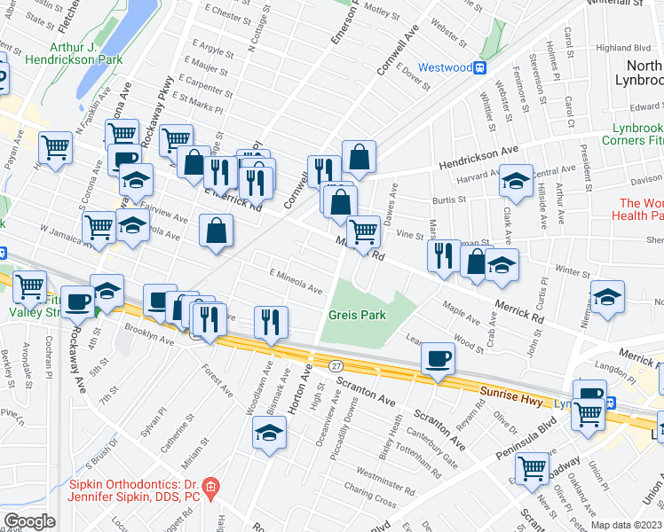 map of restaurants, bars, coffee shops, grocery stores, and more near 88 Horton Avenue in Lynbrook