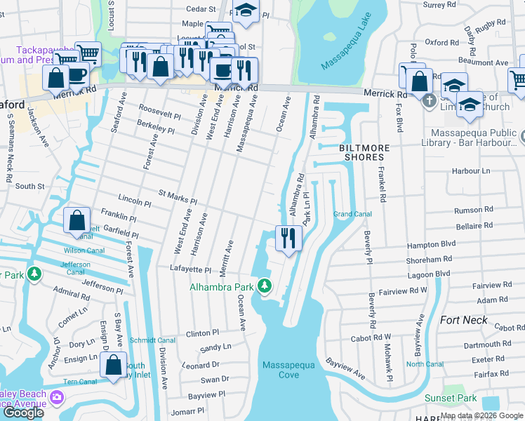 map of restaurants, bars, coffee shops, grocery stores, and more near 211 Saint Marks Place in Massapequa