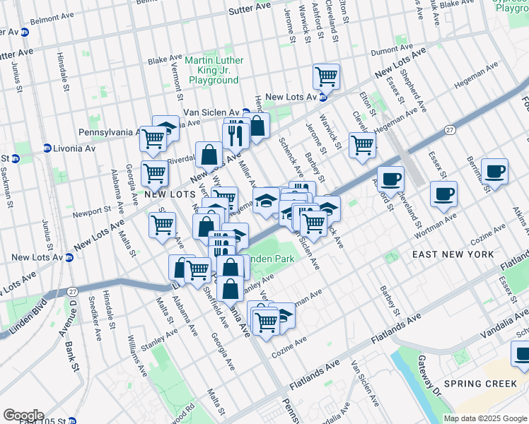 map of restaurants, bars, coffee shops, grocery stores, and more near 2045 Linden Boulevard in Brooklyn