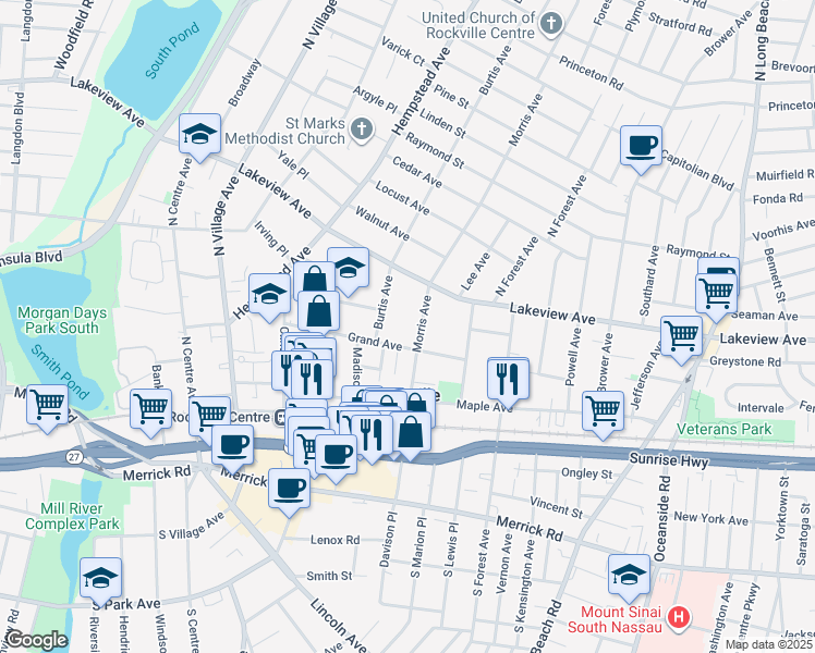 map of restaurants, bars, coffee shops, grocery stores, and more near 152 Morris Avenue in Rockville Centre